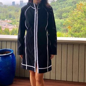 Lightweight, water resistant jacket with hood.